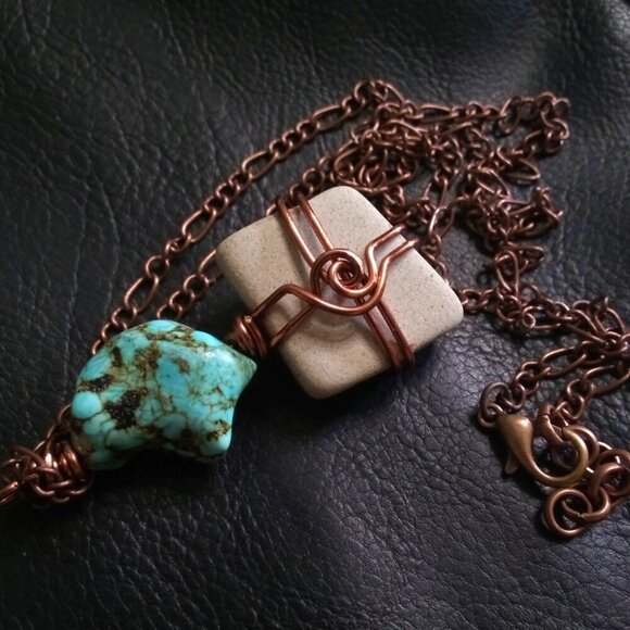 Beachy Boho Vibes! Sage Coast - Ceramic + Turquoise Magnesite + Copper Pendant - Picture 5 of 9